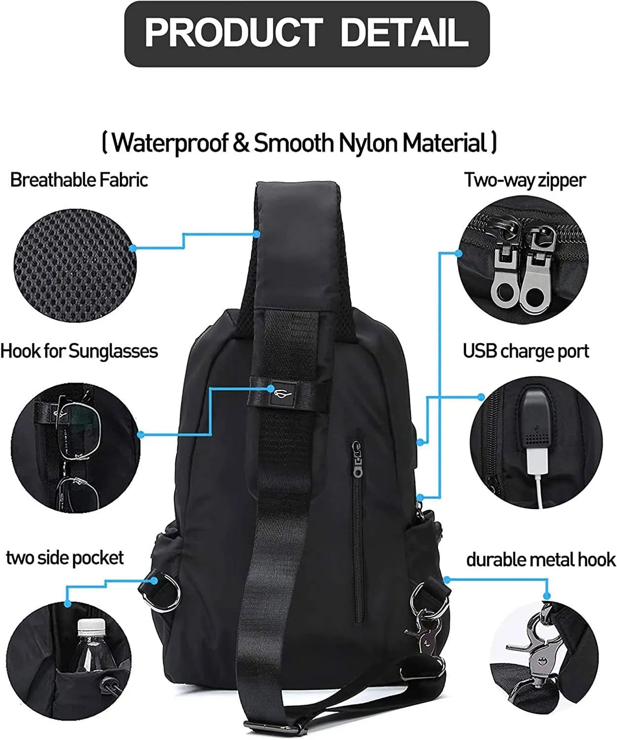 Large Black Sling Bag for Men and Women - Sport Crossbody Backpack for Pickleball, Tennis, Racketball