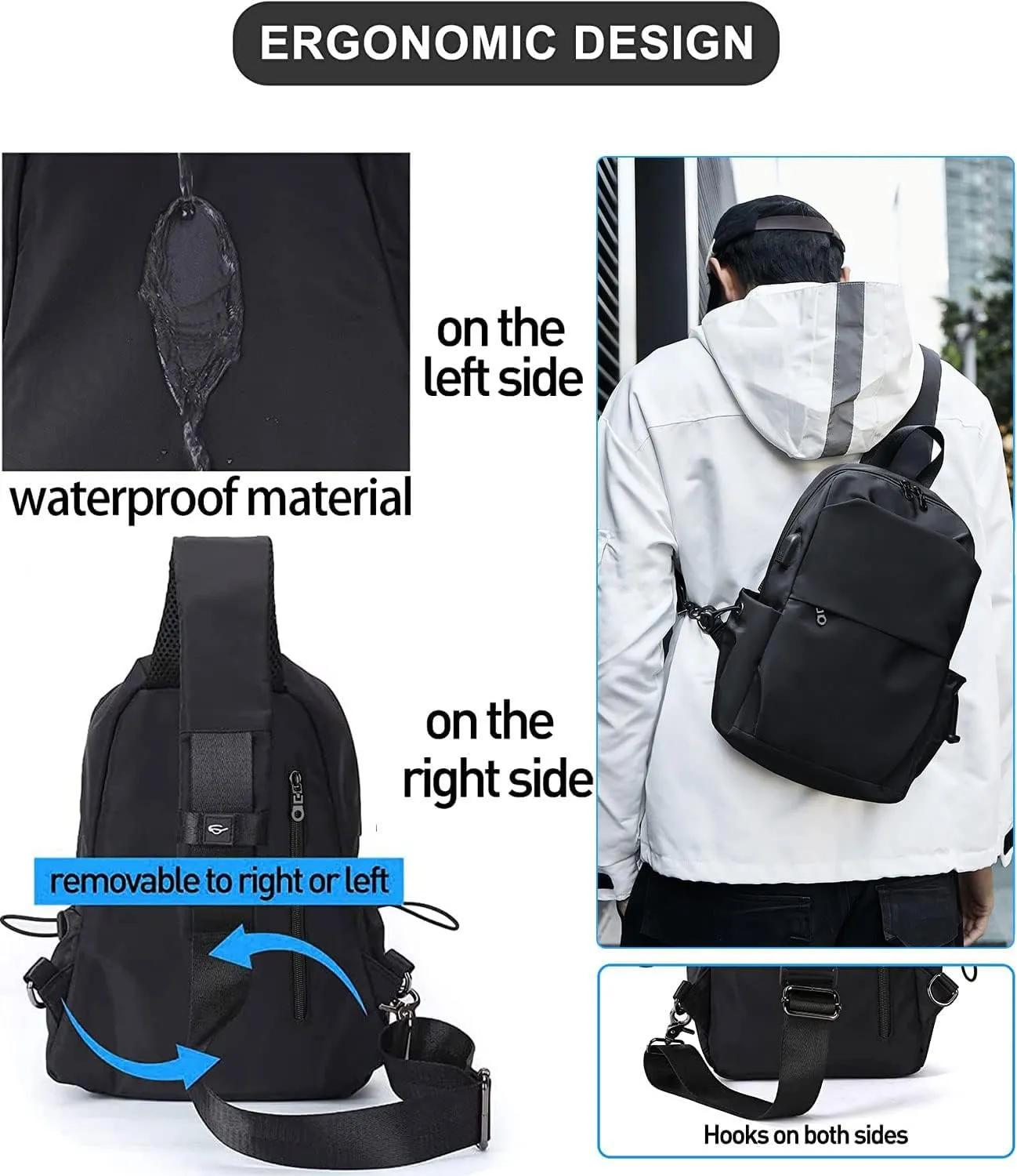 Large Black Sling Bag for Men and Women - Sport Crossbody Backpack for Pickleball, Tennis, Racketball