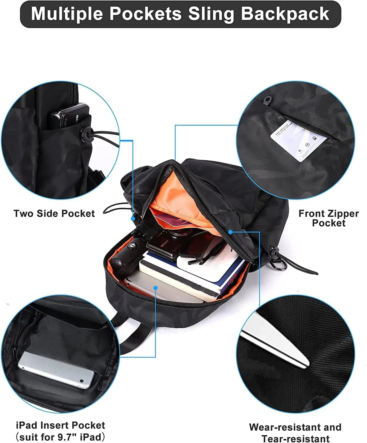 Large Black Sling Bag for Men and Women - Sport Crossbody Backpack for Pickleball, Tennis, Racketball