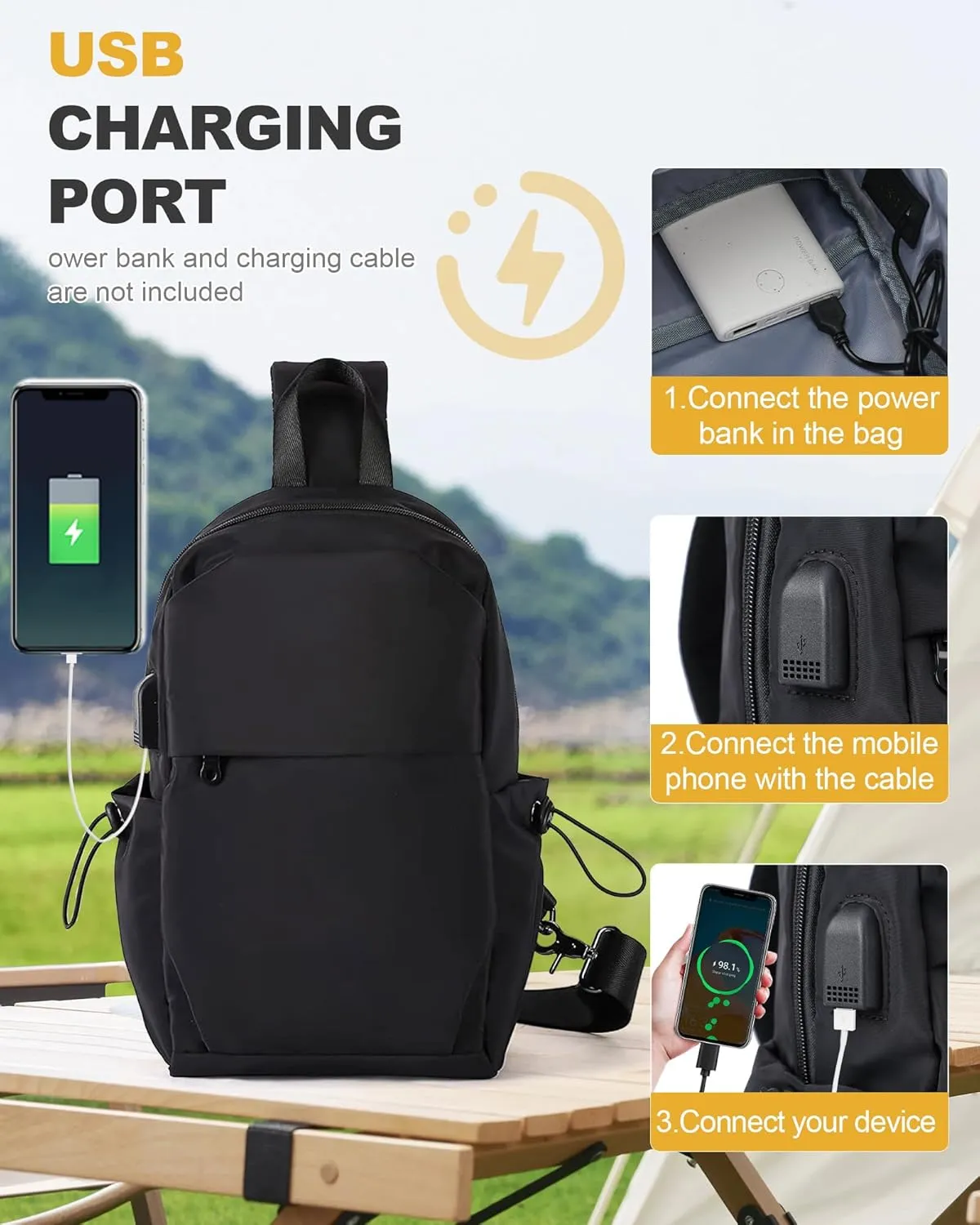 Large Black Sling Bag for Men and Women - Sport Crossbody Backpack for Pickleball, Tennis, Racketball