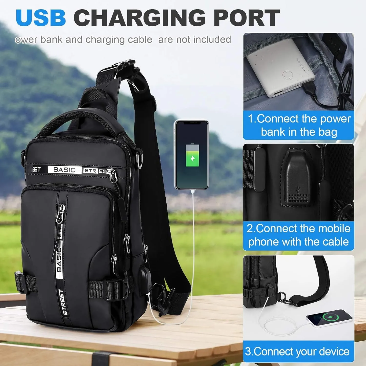 Large Black Sling Bag for Men Women, Mini Anti Theft One Strap Motorcycle Sling Backpack, Small Sling Chest Bag Daypack Crossbody Backpack with Usb Port for Casual Travel Hiking Gym Outdoor Sports