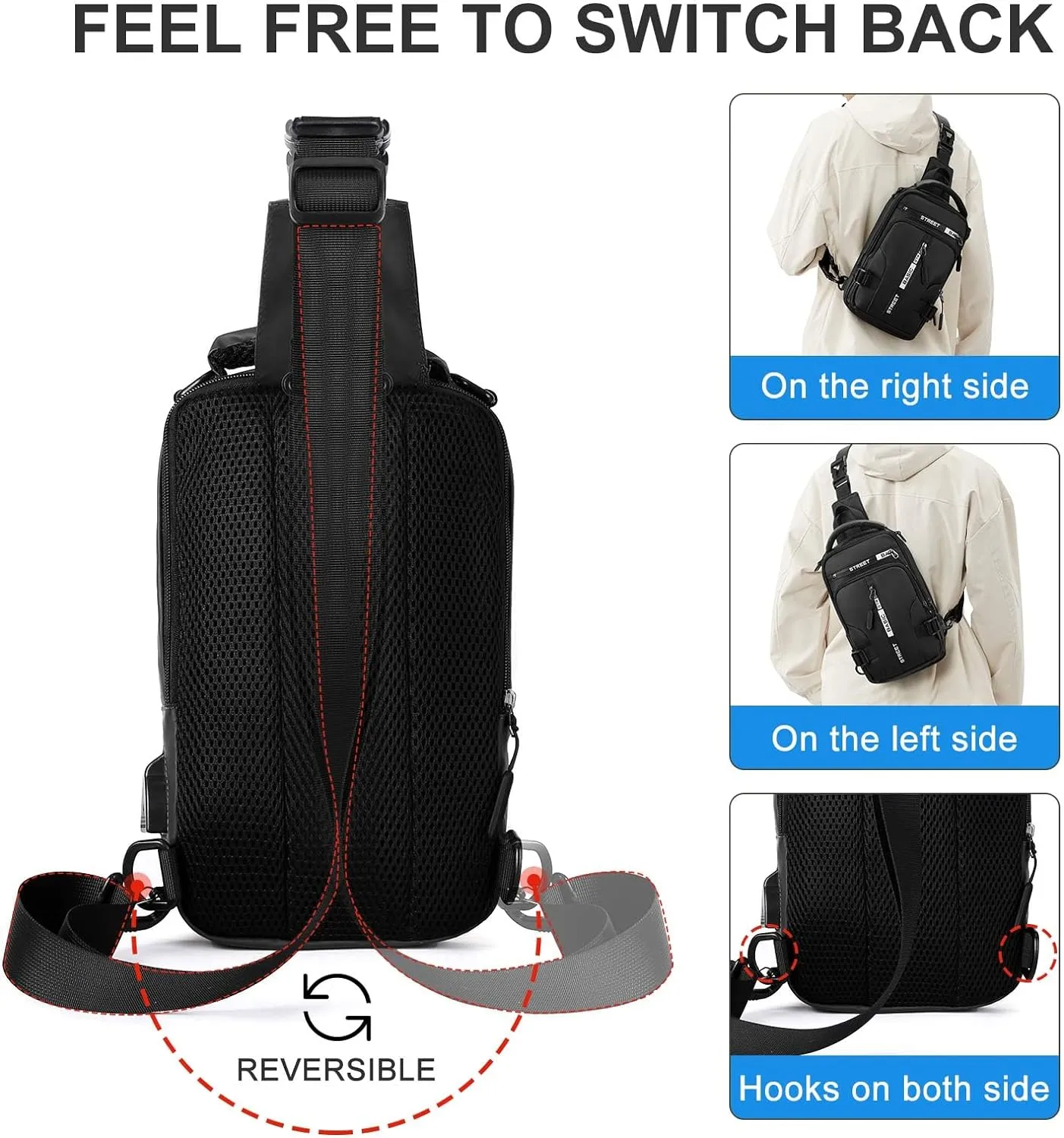 Large Black Sling Bag for Men Women, Mini Anti Theft One Strap Motorcycle Sling Backpack, Small Sling Chest Bag Daypack Crossbody Backpack with Usb Port for Casual Travel Hiking Gym Outdoor Sports