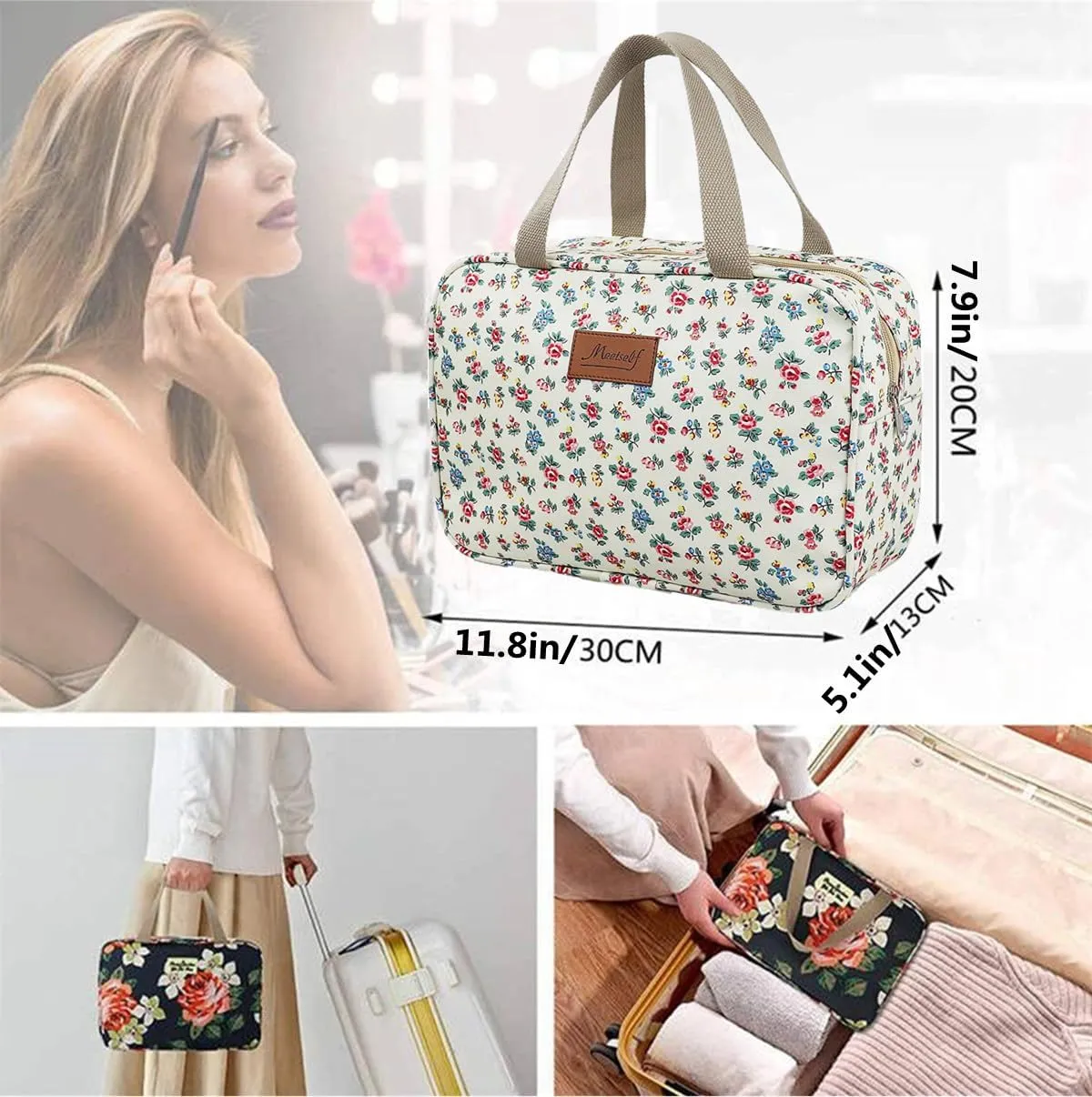 Large Makeup Bag Toiletry Bag for Women Make Up Bag Cosmetic Bag Toiletries Bag Brush Bags for Traveling (Little Flower Beige)
