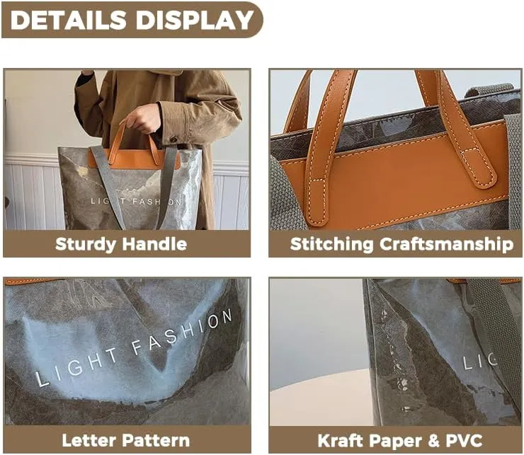 Large PVC Tote Bag for Women Letter Printed Kraft Paper Plastic Hobo Bag with Handle Clear Shopping Work Handbags