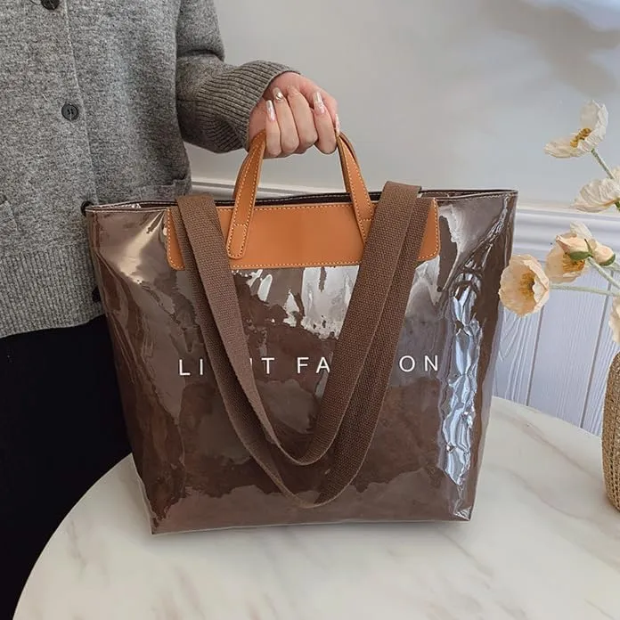 Large PVC Tote Bag for Women Letter Printed Kraft Paper Plastic Hobo Bag with Handle Clear Shopping Work Handbags