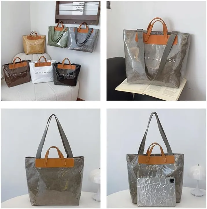 Large PVC Tote Bag for Women Letter Printed Kraft Paper Plastic Hobo Bag with Handle Clear Shopping Work Handbags