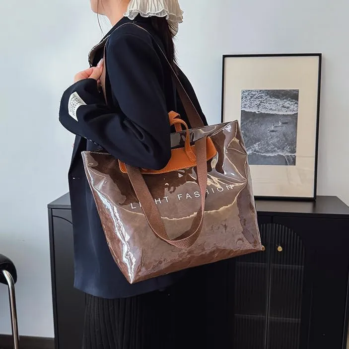 Large PVC Tote Bag for Women Letter Printed Kraft Paper Plastic Hobo Bag with Handle Clear Shopping Work Handbags