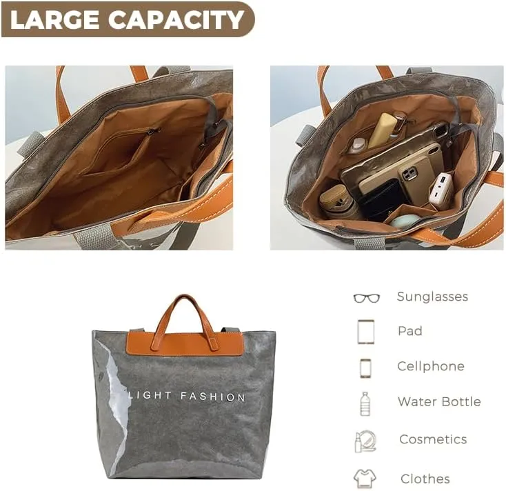Large PVC Tote Bag for Women Letter Printed Kraft Paper Plastic Hobo Bag with Handle Clear Shopping Work Handbags