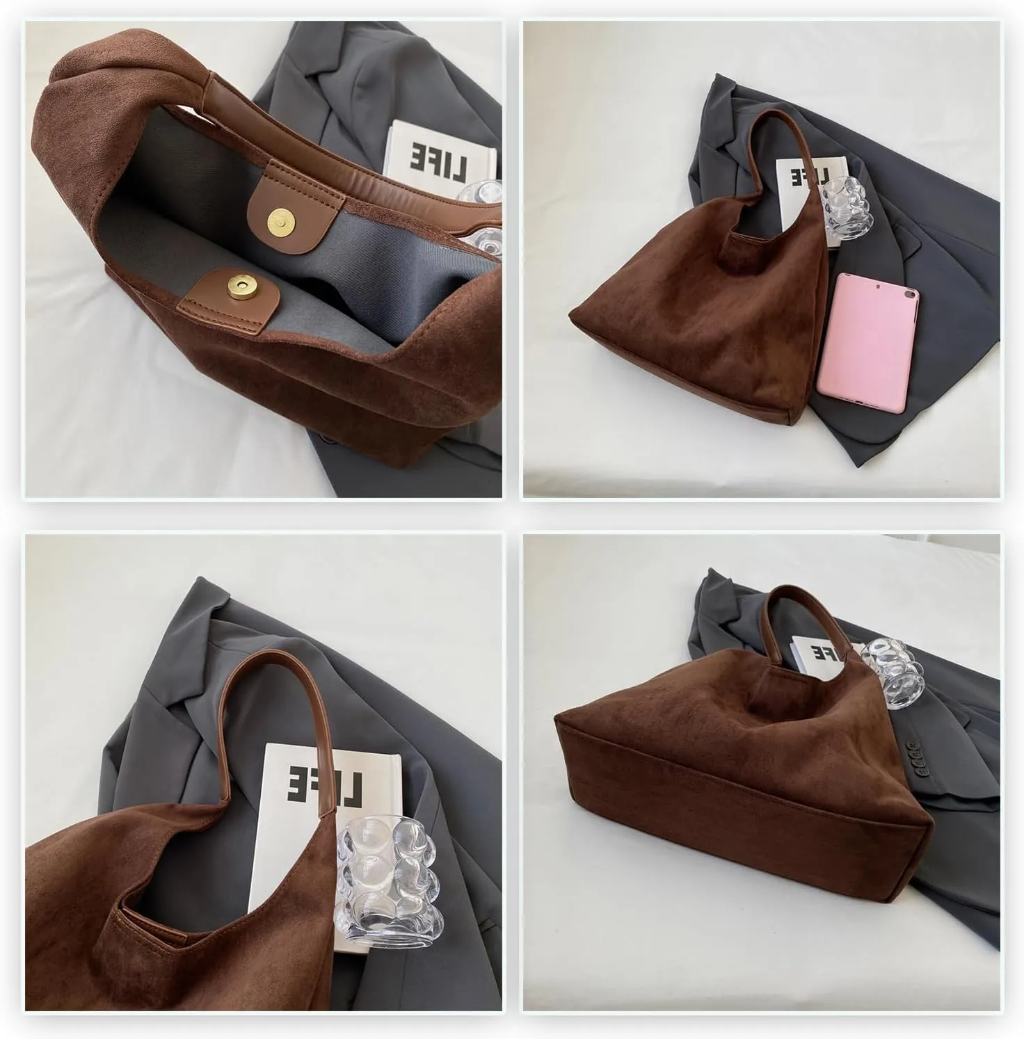 Large Suede Slouchy Bag, Brown Suede Purse Tote Bag for Women, Leather Hobo Bags Handbag Satchel for Work Travel Shopping