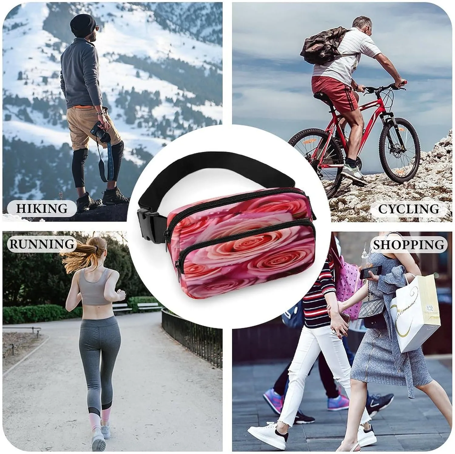 Large Waist Packs with Adjustable Strap,Elegant Rose Flower CrossBody Fanny Pack Casual Bag for Travel Sports Running Hiking
