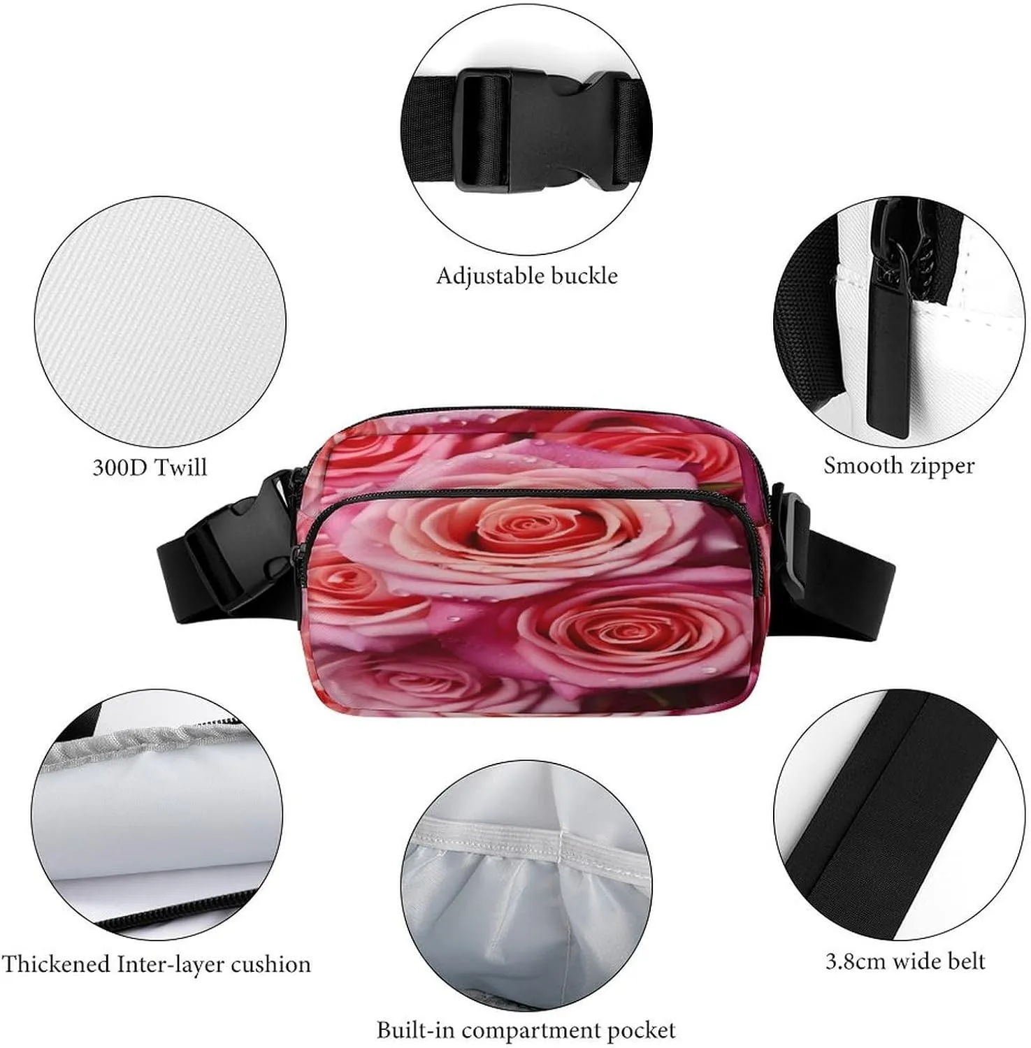 Large Waist Packs with Adjustable Strap,Elegant Rose Flower CrossBody Fanny Pack Casual Bag for Travel Sports Running Hiking