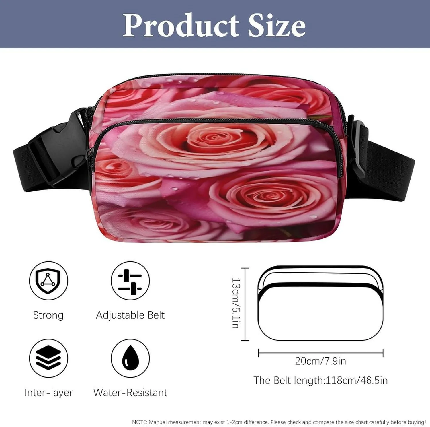 Large Waist Packs with Adjustable Strap,Elegant Rose Flower CrossBody Fanny Pack Casual Bag for Travel Sports Running Hiking