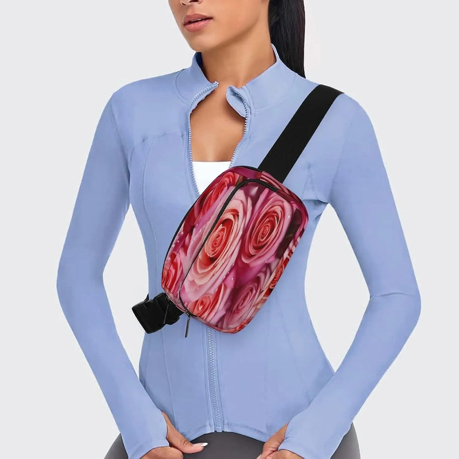 Large Waist Packs with Adjustable Strap,Elegant Rose Flower CrossBody Fanny Pack Casual Bag for Travel Sports Running Hiking