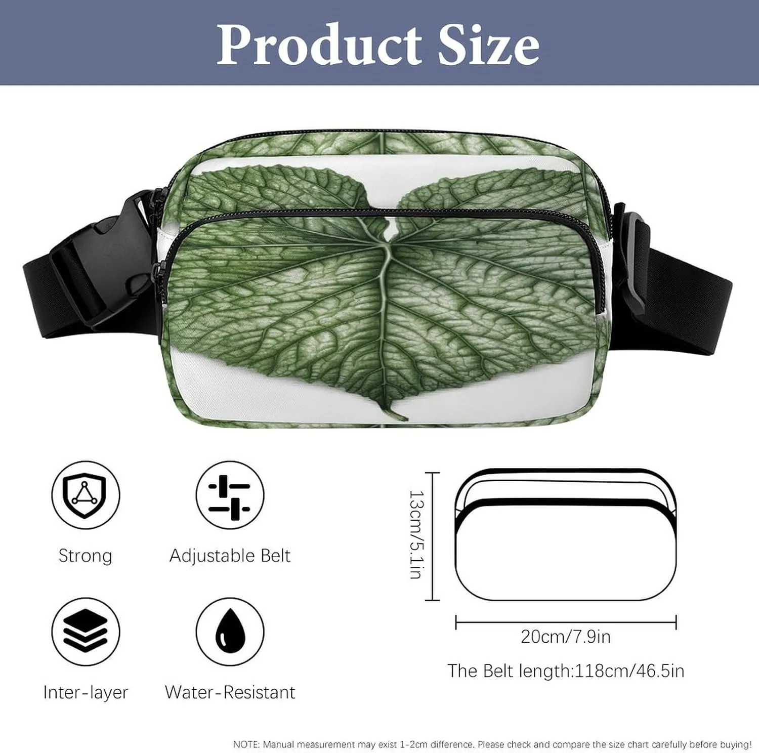 Large Waist Packs with Adjustable Strap,Green Plant Leaves CrossBody Fanny Pack Casual Bag for Travel Sports Running Hiking