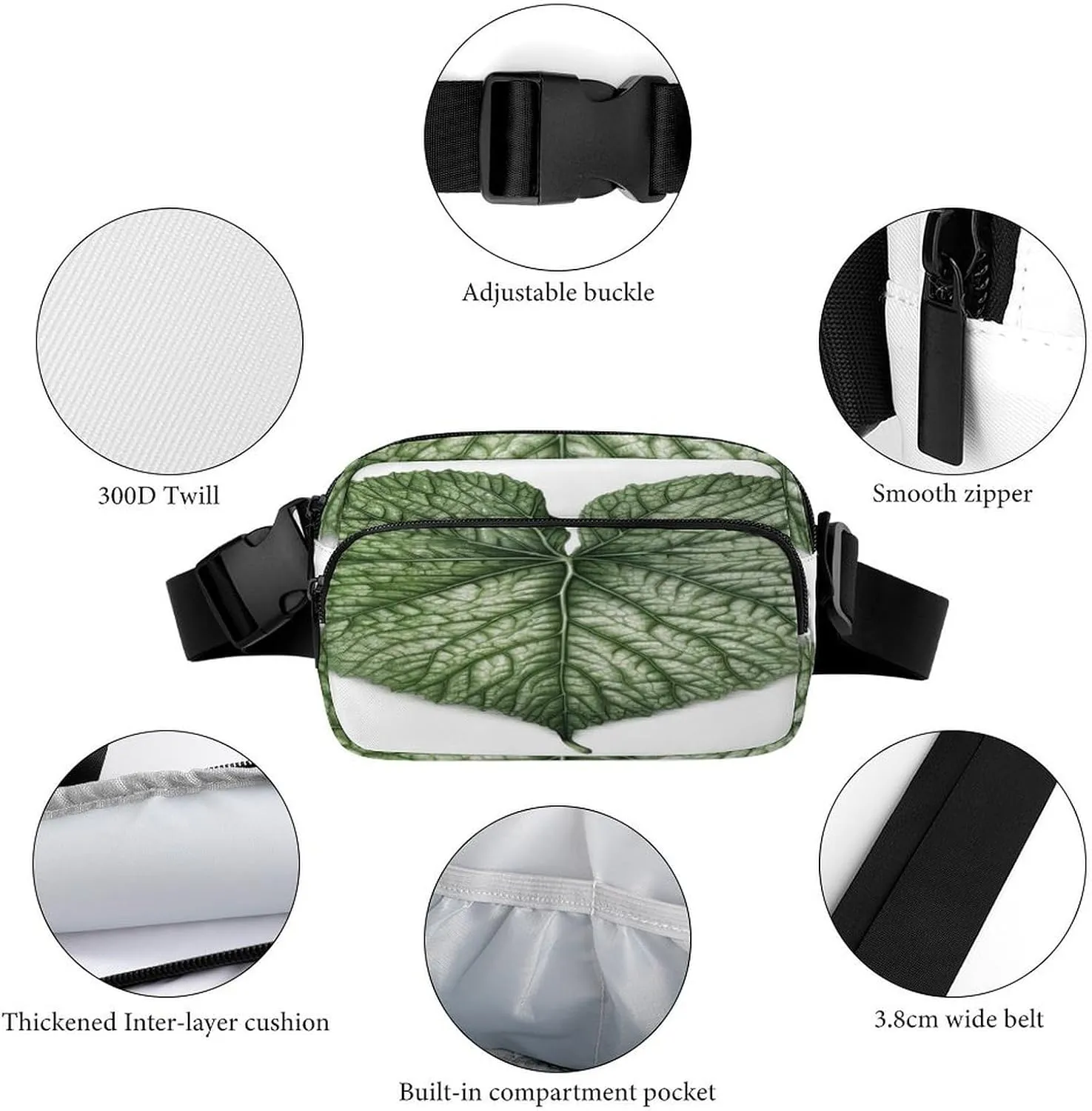 Large Waist Packs with Adjustable Strap,Green Plant Leaves CrossBody Fanny Pack Casual Bag for Travel Sports Running Hiking