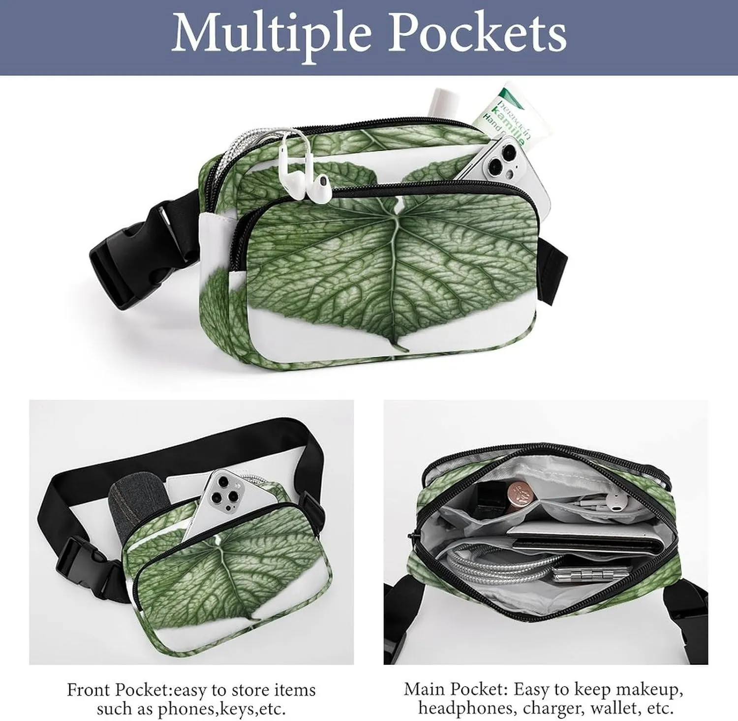 Large Waist Packs with Adjustable Strap,Green Plant Leaves CrossBody Fanny Pack Casual Bag for Travel Sports Running Hiking