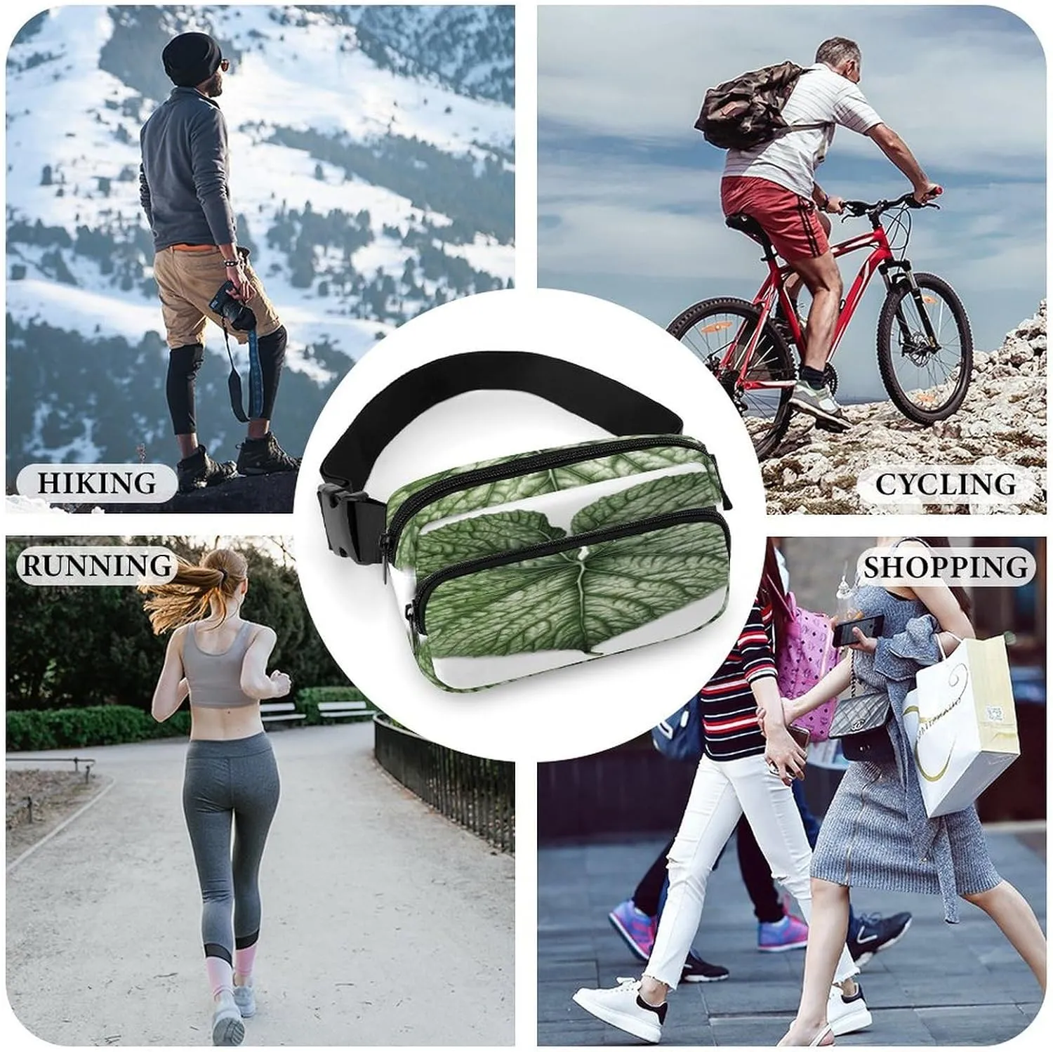 Large Waist Packs with Adjustable Strap,Green Plant Leaves CrossBody Fanny Pack Casual Bag for Travel Sports Running Hiking