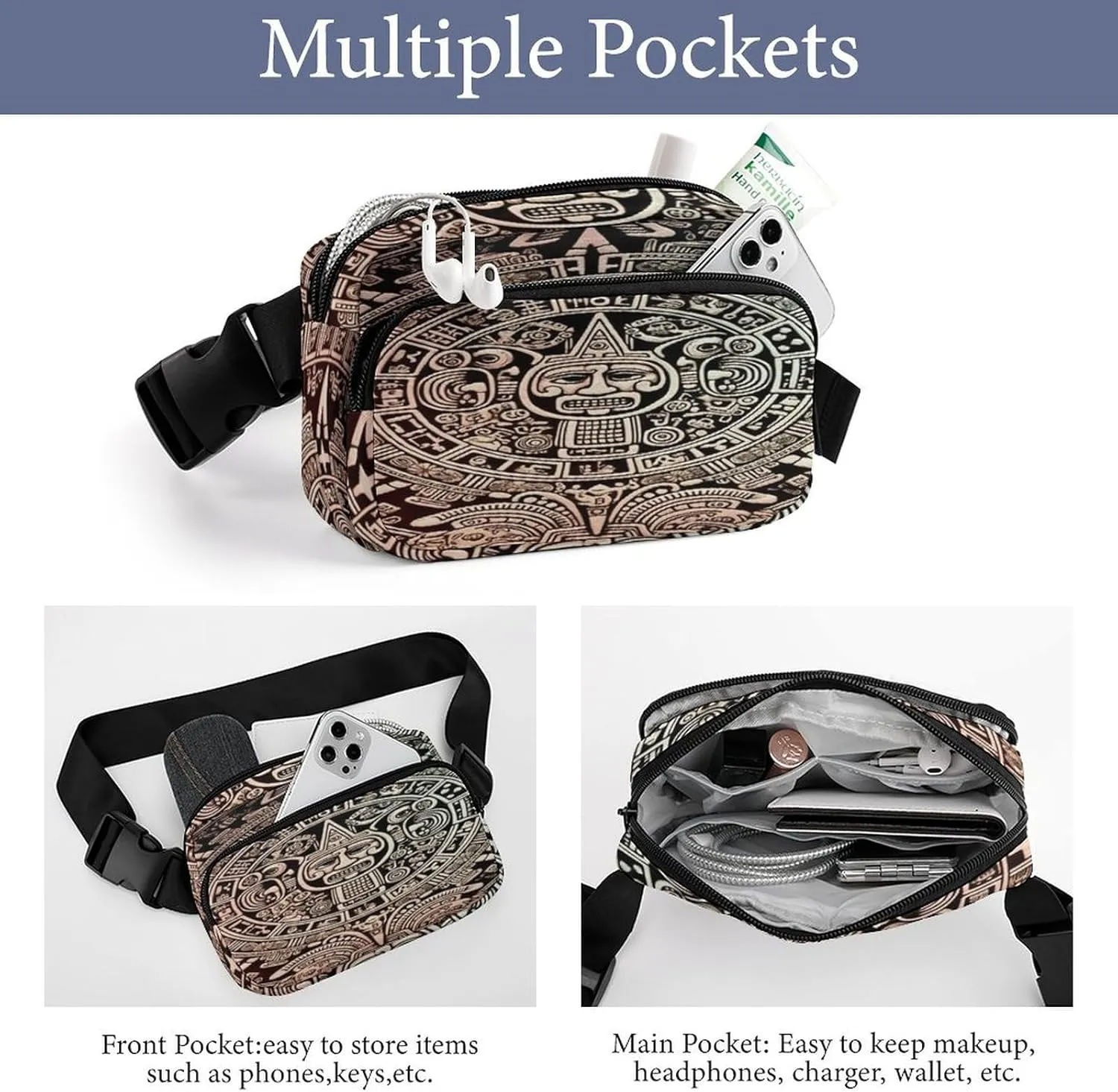 Large Waist Packs with Adjustable Strap,Mayan Calendar End Of The World CrossBody Fanny Pack Casual Bag for Travel Sports Running Hiking