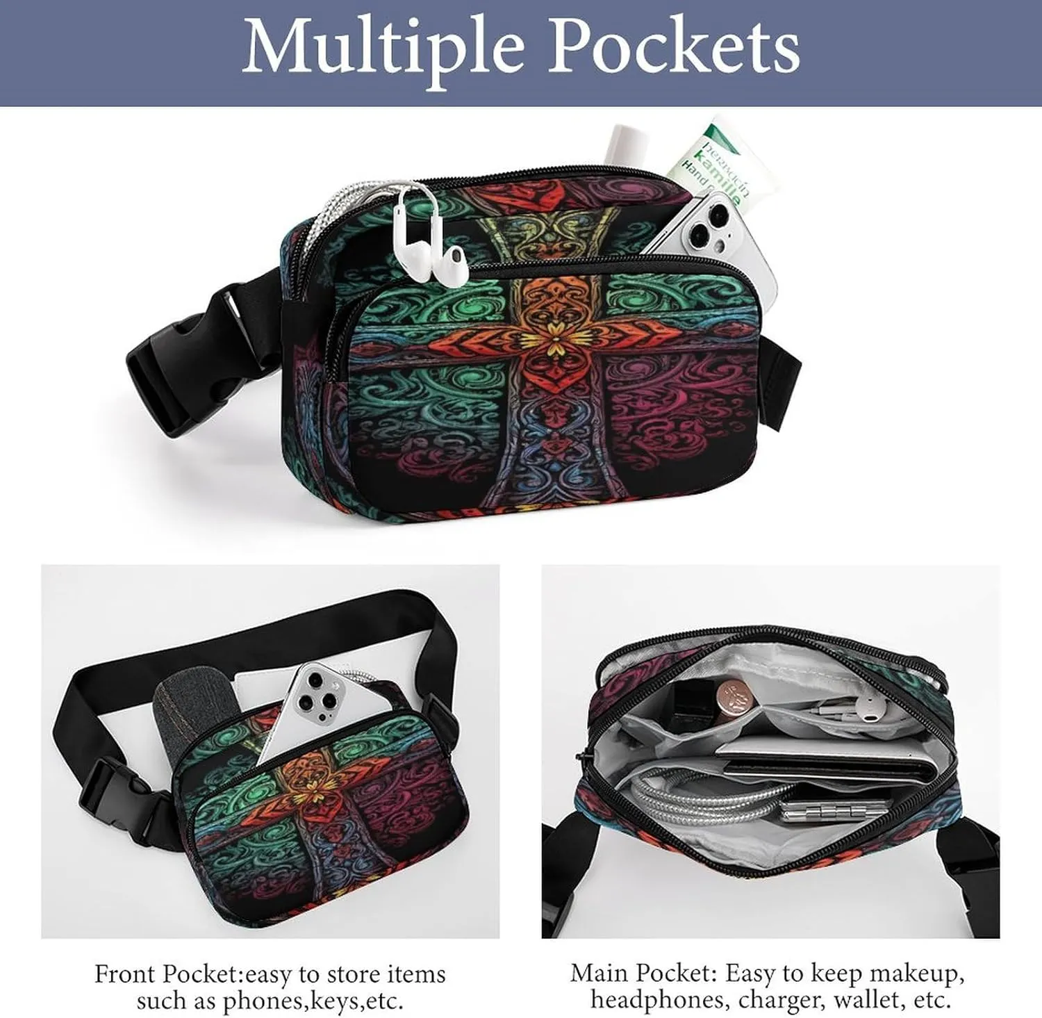 Large Waist Packs with Adjustable Strap,Pattern of Shapes CrossBody Fanny Pack Casual Bag for Travel Sports Running Hiking
