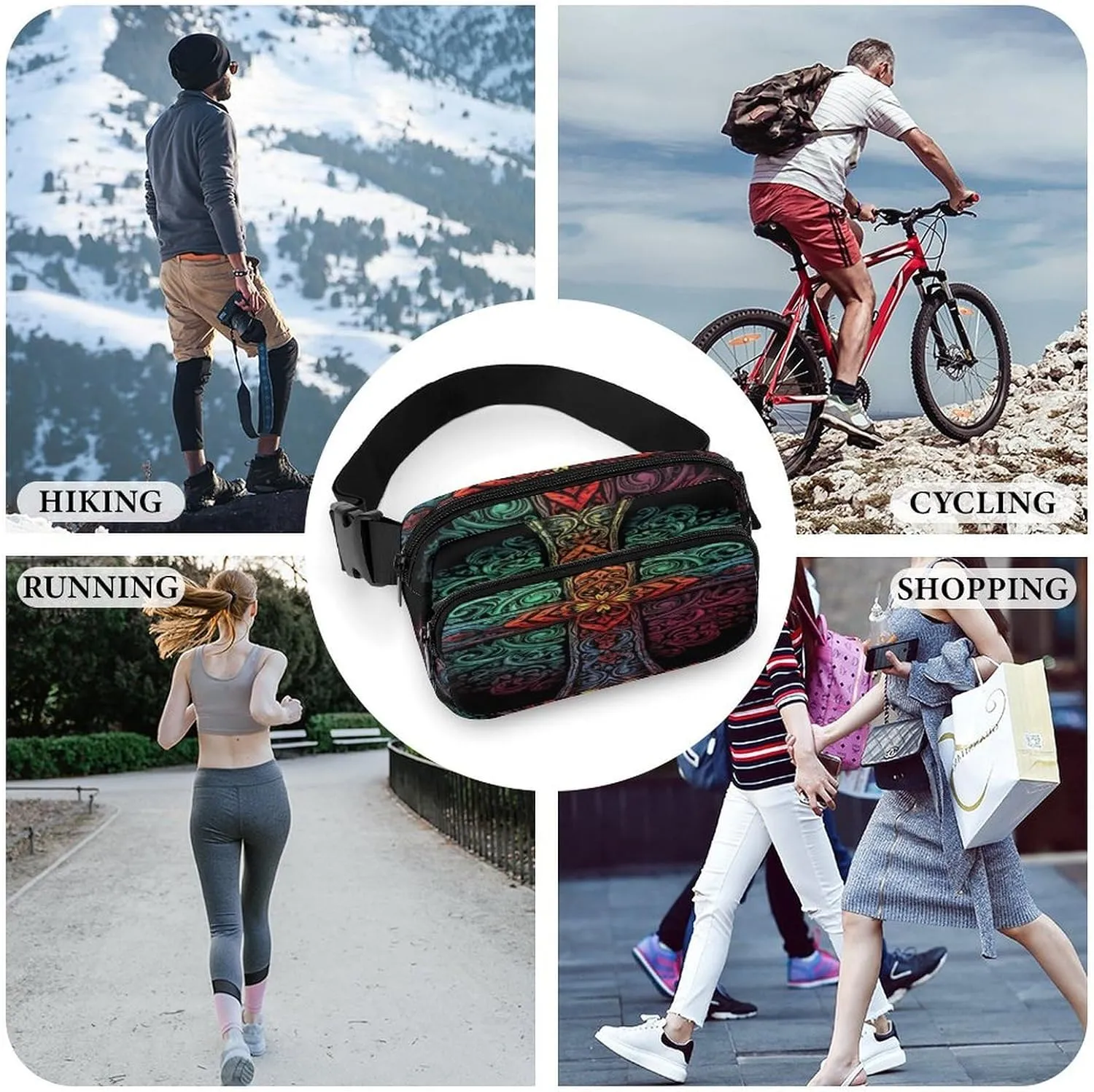 Large Waist Packs with Adjustable Strap,Pattern of Shapes CrossBody Fanny Pack Casual Bag for Travel Sports Running Hiking