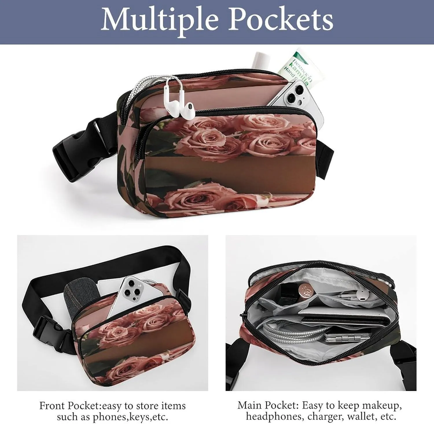 Large Waist Packs with Adjustable Strap,Roses in Box CrossBody Fanny Pack Casual Bag for Travel Sports Running Hiking