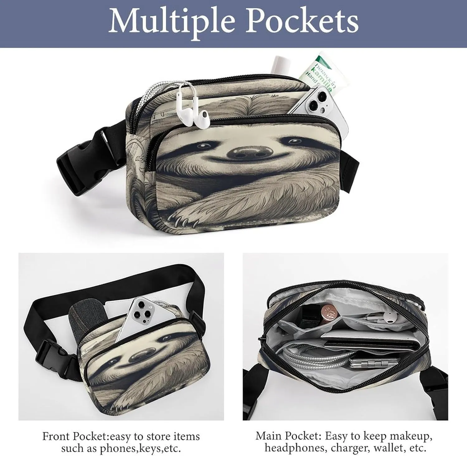 Large Waist Packs with Adjustable Strap,Sloth My Spirit Animal CrossBody Fanny Pack Casual Bag for Travel Sports Running Hiking