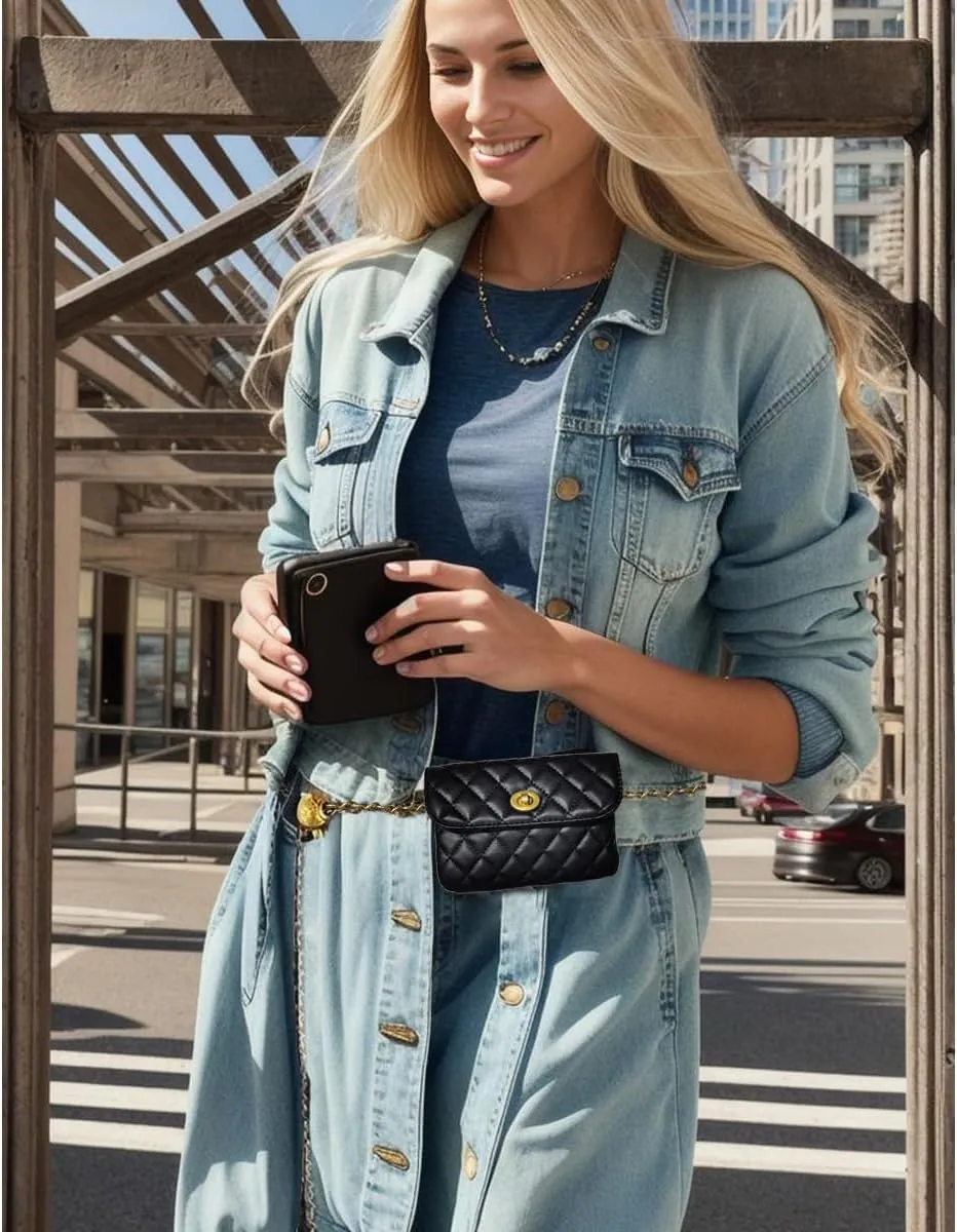 Larswon Chain Belt Bag for Women, Synthetic Leather Belt Purse Chain Purse Mini Belt Bag Goth Fanny Pack