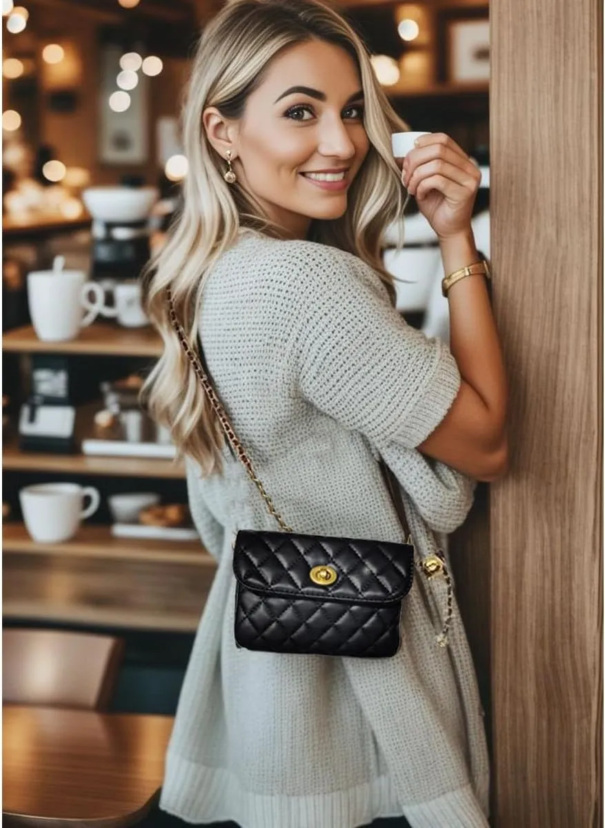 Larswon Chain Belt Bag for Women, Synthetic Leather Belt Purse Chain Purse Mini Belt Bag Goth Fanny Pack