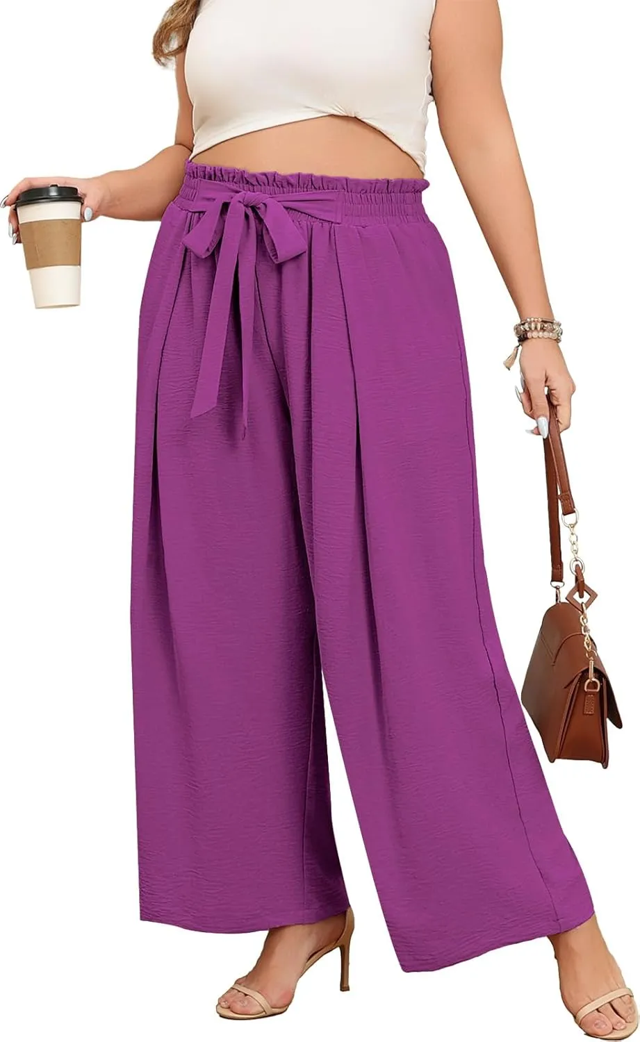 Lastshe Women's Plus Size Pants Wide Leg Work Casual Palazzo Pants Elastic High Waisted Dressy Trousers with Pockets