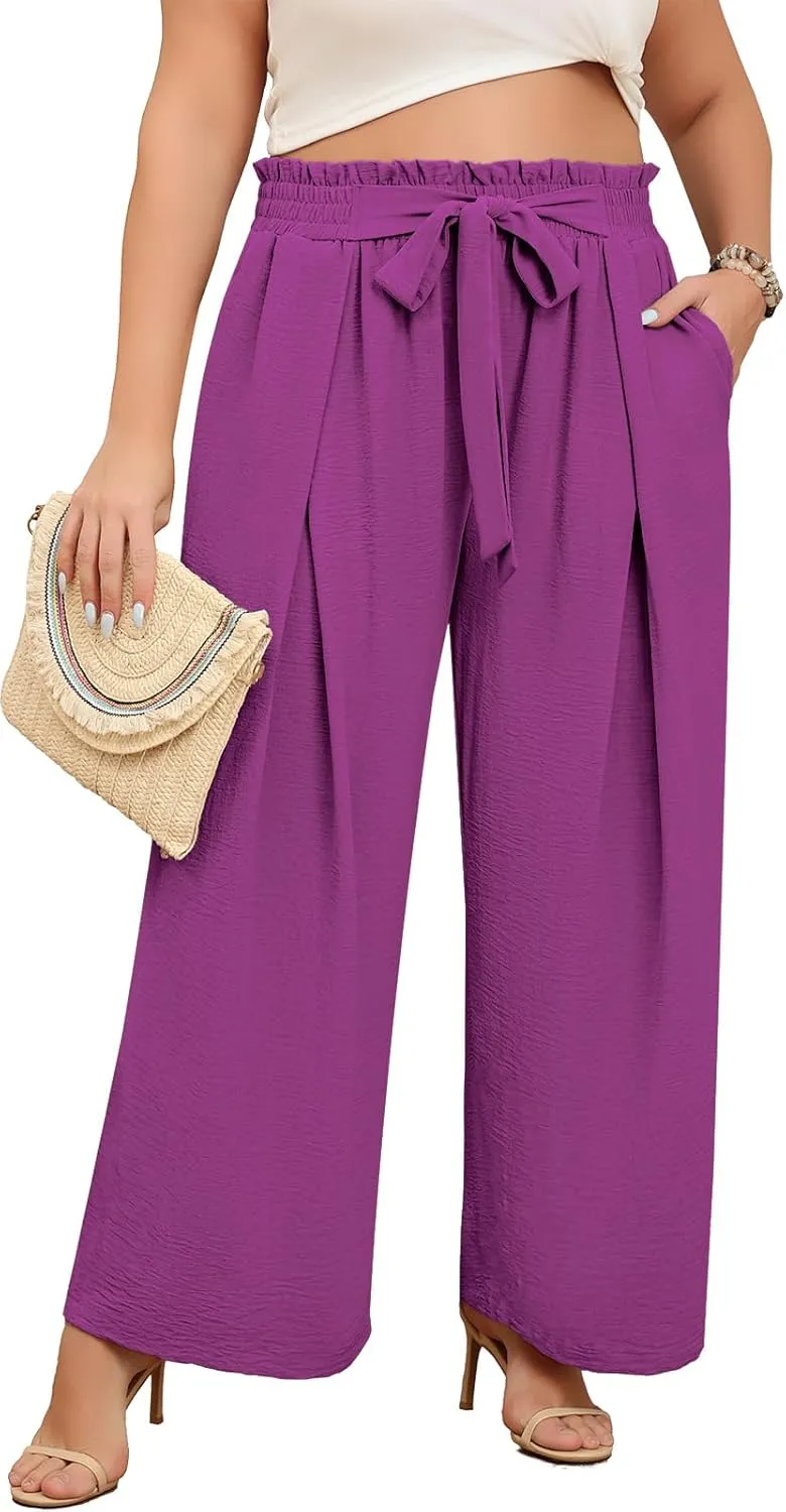 Lastshe Women's Plus Size Pants Wide Leg Work Casual Palazzo Pants Elastic High Waisted Dressy Trousers with Pockets