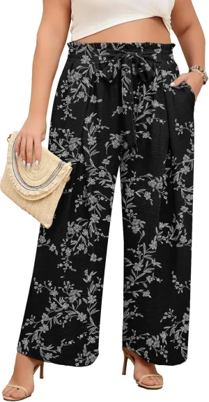 Lastshe Women's Plus Size Pants Wide Leg Work Casual Palazzo Pants Elastic High Waisted Dressy Trousers with Pockets