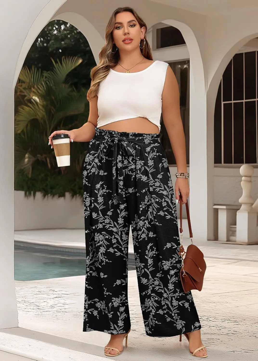 Lastshe Women's Plus Size Pants Wide Leg Work Casual Palazzo Pants Elastic High Waisted Dressy Trousers with Pockets