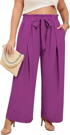 Lastshe Women's Plus Size Pants Wide Leg Work Casual Palazzo Pants Elastic High Waisted Dressy Trousers with Pockets