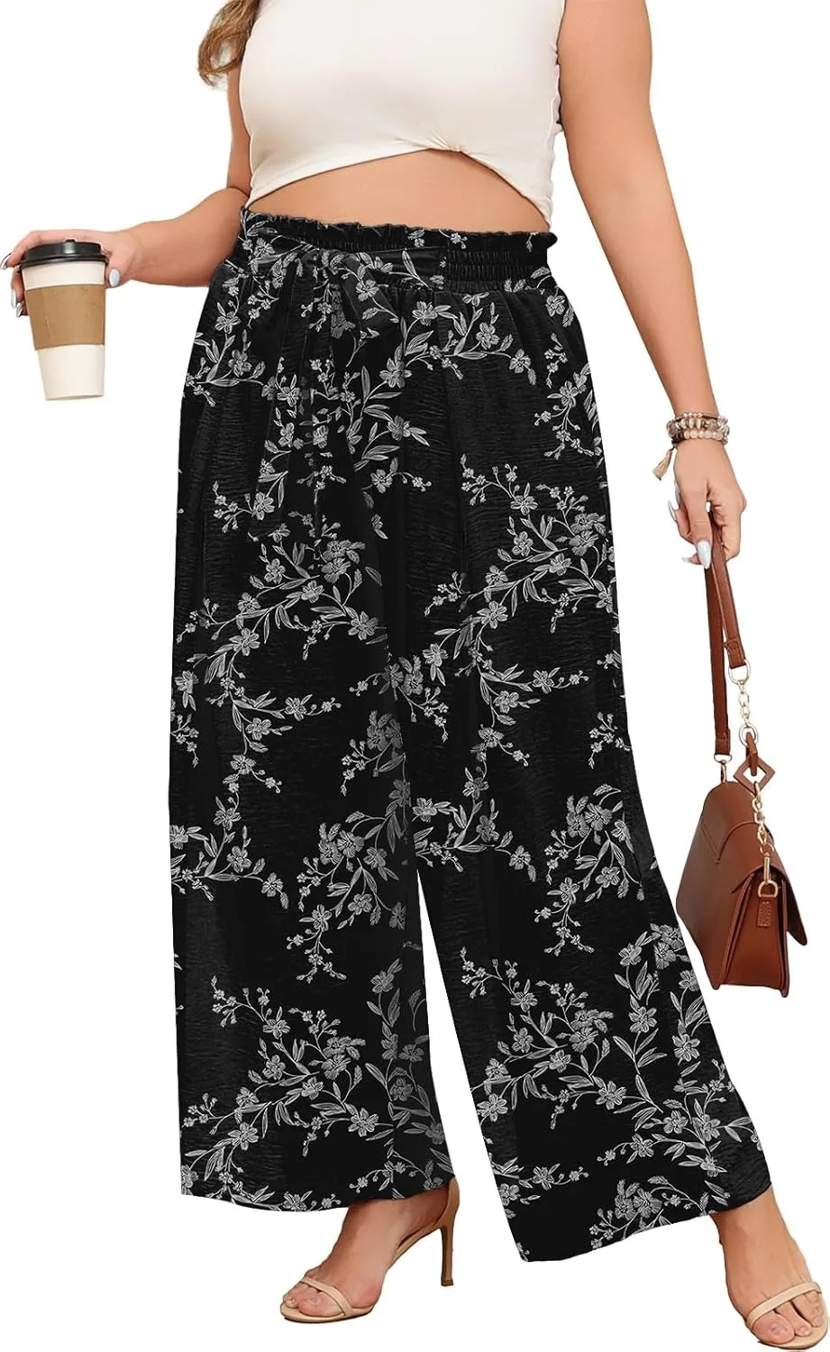 Lastshe Women's Plus Size Pants Wide Leg Work Casual Palazzo Pants Elastic High Waisted Dressy Trousers with Pockets