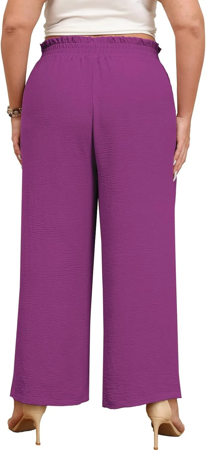Lastshe Women's Plus Size Pants Wide Leg Work Casual Palazzo Pants Elastic High Waisted Dressy Trousers with Pockets
