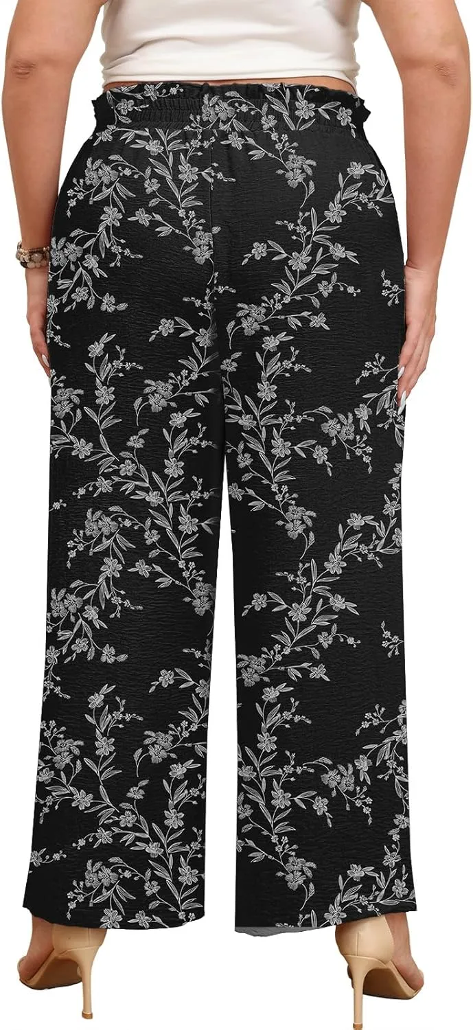 Lastshe Women's Plus Size Pants Wide Leg Work Casual Palazzo Pants Elastic High Waisted Dressy Trousers with Pockets