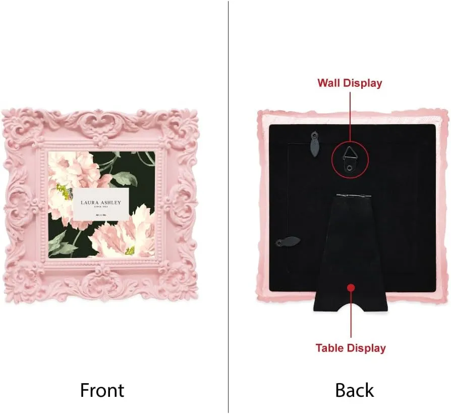 Laura Ashley 4x4 Pink Ornate Textured Hand-Crafted Resin Picture Frame with Easel & Hook for Tabletop & Wall Display, Decorative Floral Design Home Décor, Photo Gallery, Art, More (4x4, Pink)
