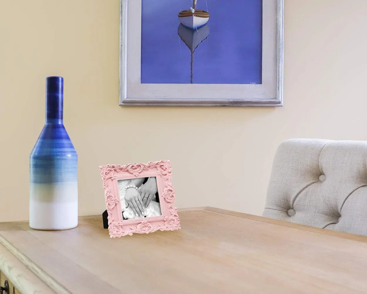 Laura Ashley 4x4 Pink Ornate Textured Hand-Crafted Resin Picture Frame with Easel & Hook for Tabletop & Wall Display, Decorative Floral Design Home Décor, Photo Gallery, Art, More (4x4, Pink)