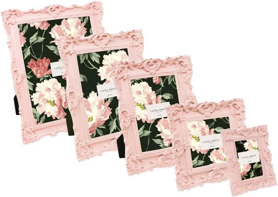 Laura Ashley 4x4 Pink Ornate Textured Hand-Crafted Resin Picture Frame with Easel & Hook for Tabletop & Wall Display, Decorative Floral Design Home Décor, Photo Gallery, Art, More (4x4, Pink)
