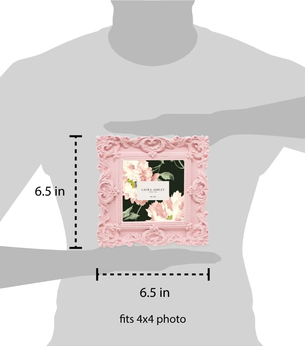 Laura Ashley 4x4 Pink Ornate Textured Hand-Crafted Resin Picture Frame with Easel & Hook for Tabletop & Wall Display, Decorative Floral Design Home Décor, Photo Gallery, Art, More (4x4, Pink)