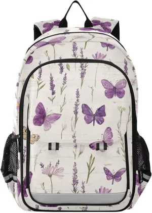 Lavender Herb Plants Butterflies Backpack for Boys Girls Elementary School Bag Kids Bookbag Travel Rucksack With Reflective Stripes