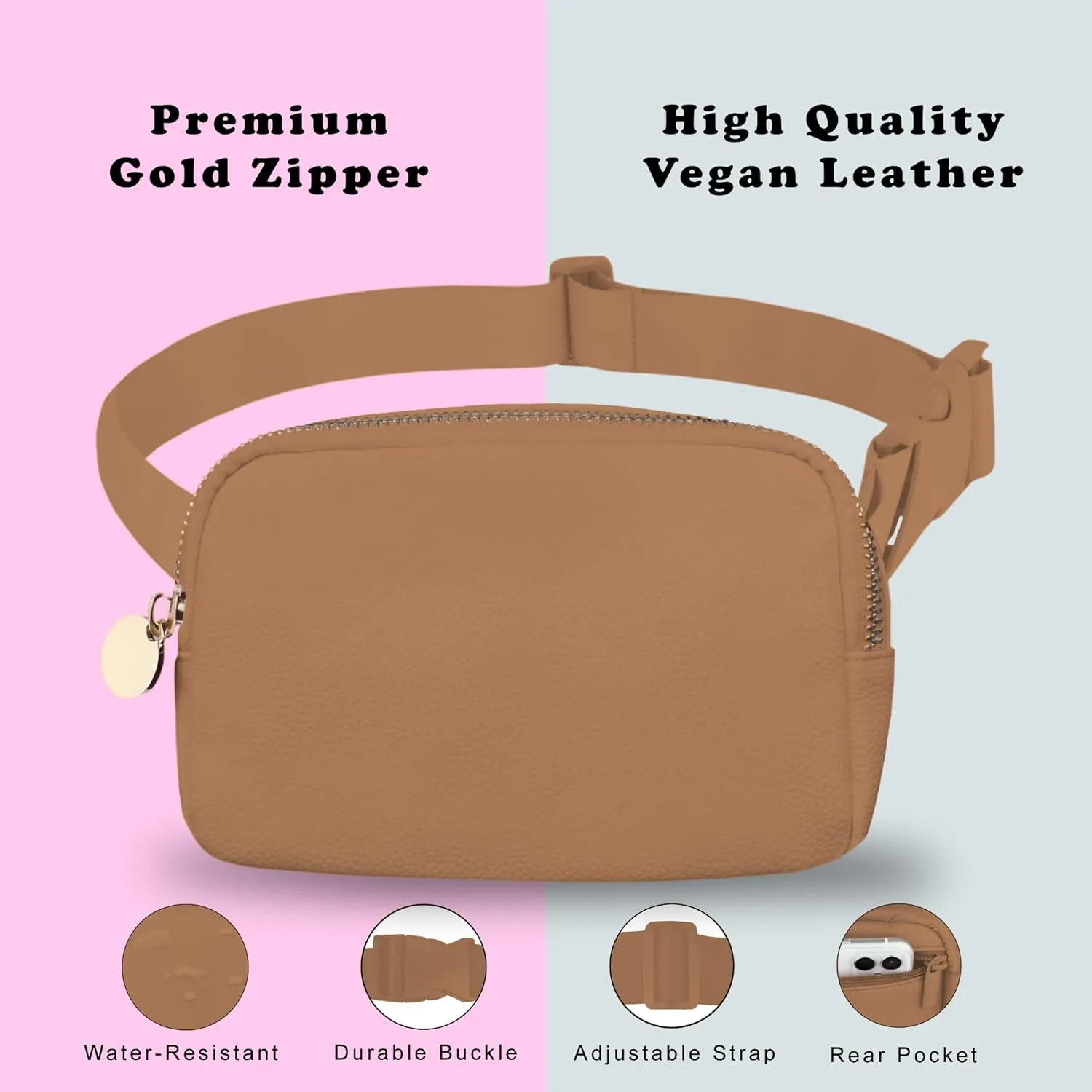 Leather Belt Bag for Women Large Crossbody Fanny Pack Stylish Everywhere Waist Bag with Adjustable Strap Brown