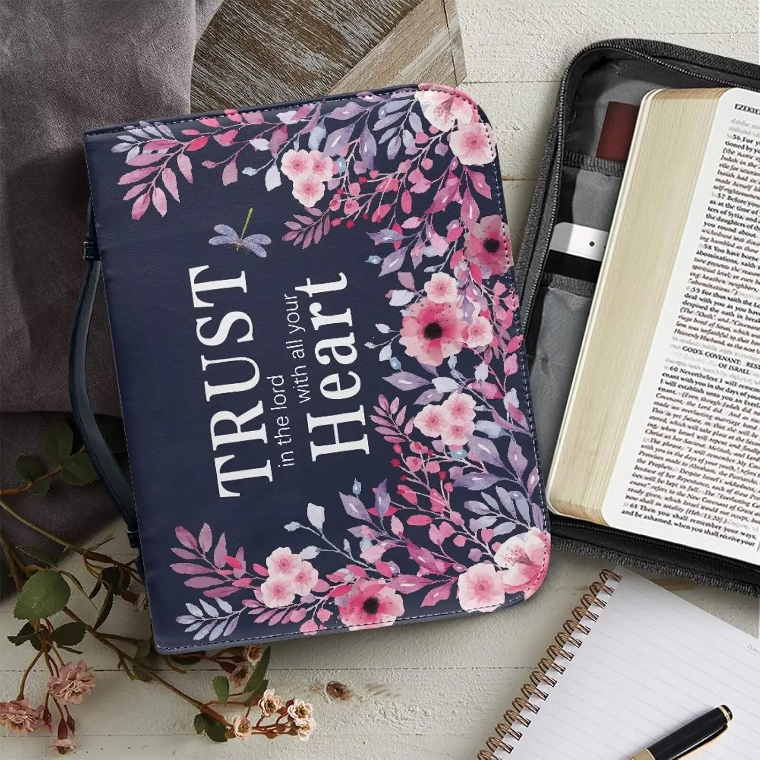 Leather Bible Covers for Women Aesthetic Floral Bible Quotes Bible Carrying Case with Handle