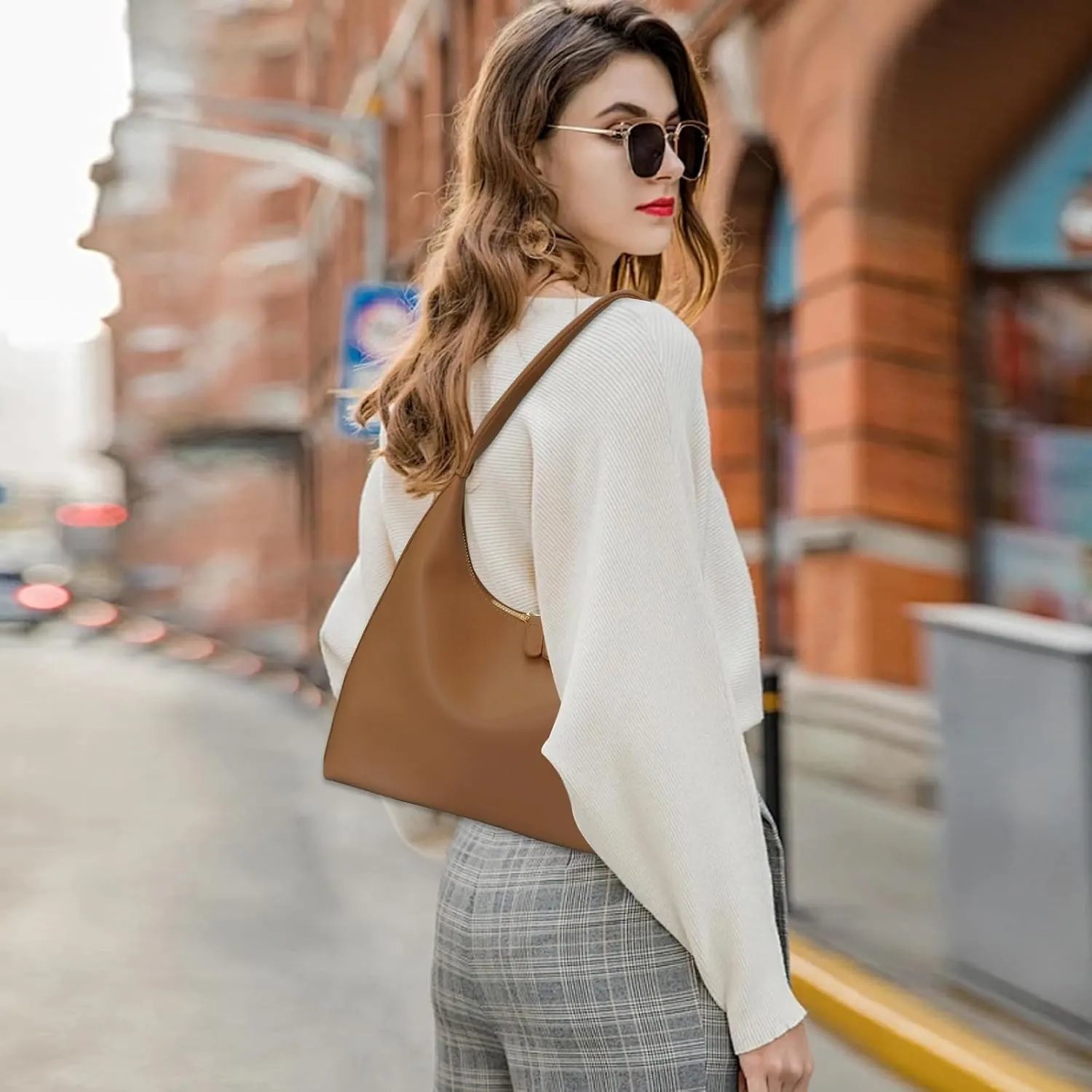 Leather Hobo Bag Small Shoulder Purses for Women Slouchy Tote Handbag Vegan Leather Crescent Bag