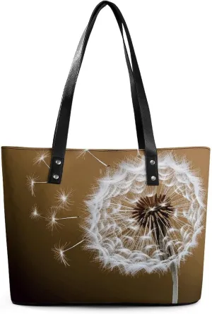 Leather Lady's Handbag,Blown Dandelion Blossom Print Work Handbags,Tote Bags for Women,Shoulder Hobo Handbags,Casual Tote Bag