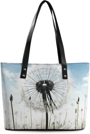 Leather Lady's Handbag,Dandelion Print Work Handbags,Tote Bags for Women,Shoulder Hobo Handbags,Casual Tote Bag