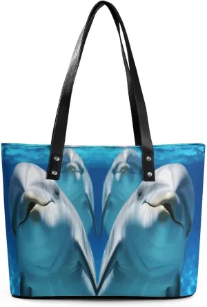 Leather Lady's Handbag,Dolphin with A Smile Print Work Handbags,Tote Bags for Women,Shoulder Hobo Handbags,Casual Tote Bag