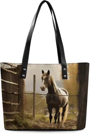 Leather Lady's Handbag,Fence And Horse Print Work Handbags,Tote Bags for Women,Shoulder Hobo Handbags,Casual Tote Bag