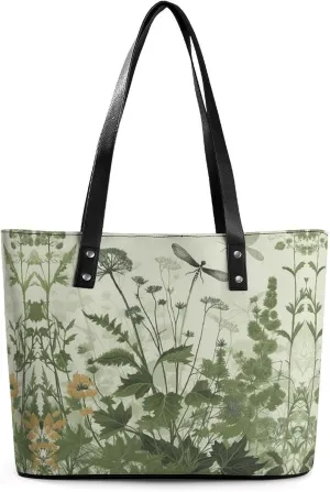 Leather Lady's Handbag,Herbs with Dragonflies Print Work Handbags,Tote Bags for Women,Shoulder Hobo Handbags,Casual Tote Bag