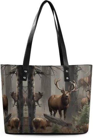 Leather Lady's Handbag,Hunting Deer Bear Elk Print Work Handbags,Tote Bags for Women,Shoulder Hobo Handbags,Casual Tote Bag
